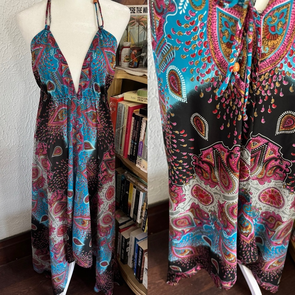 Elan Women's one size halter backless scarf like cut Paisley multi color dress